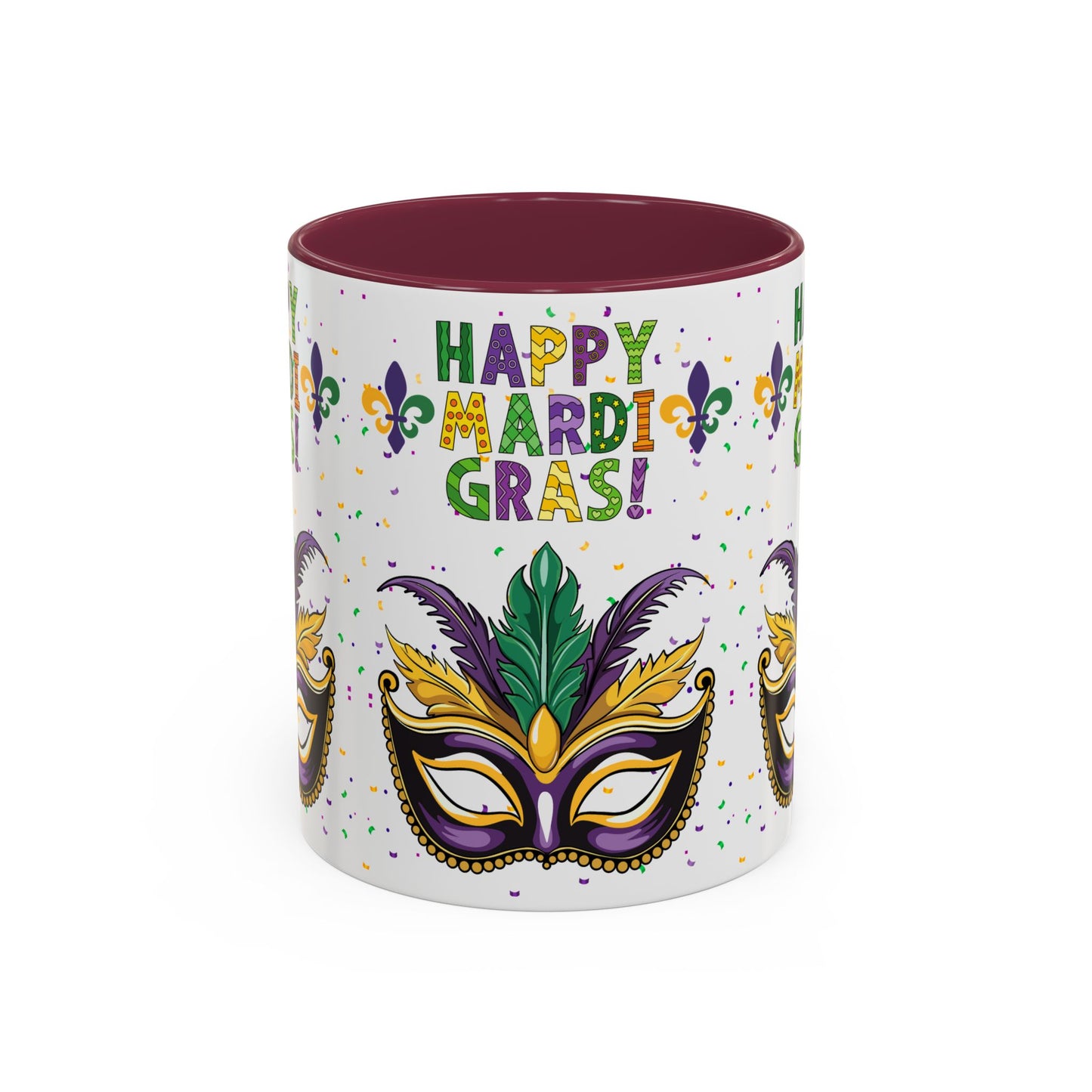 "Happy Mardi Gras Mask" White Ceramic 11oz Mugs With Colorful Accents.  Enjoy The Carnival Season Every time You Use This Mug.