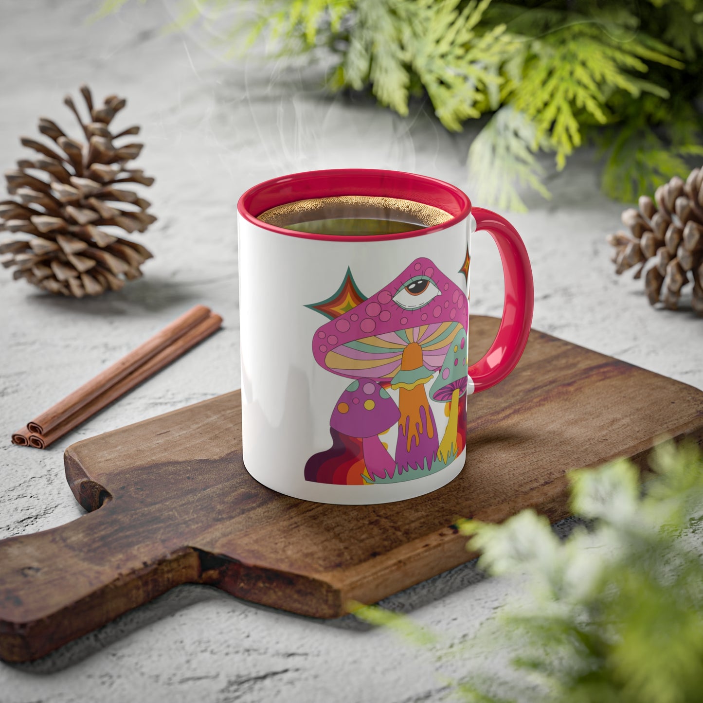 "Groovy Mushrooms" 11 oz White Mug with Colorful Accents