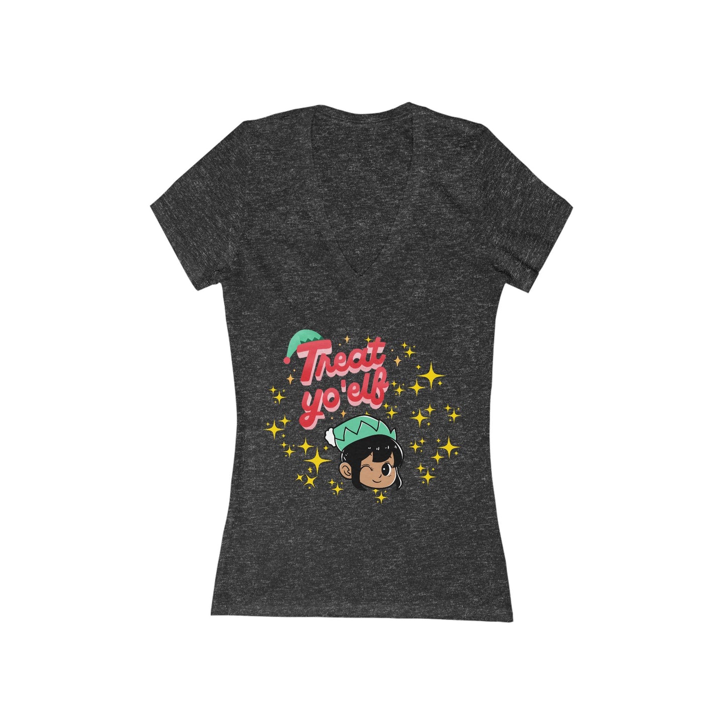 Treat Yo'Elf Christmas V-Neck Tee — Cute Elf Graphic Women's Tee