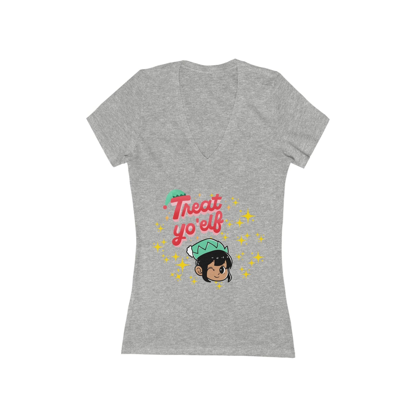 Treat Yo'Elf Christmas V-Neck Tee — Cute Elf Graphic Women's Tee