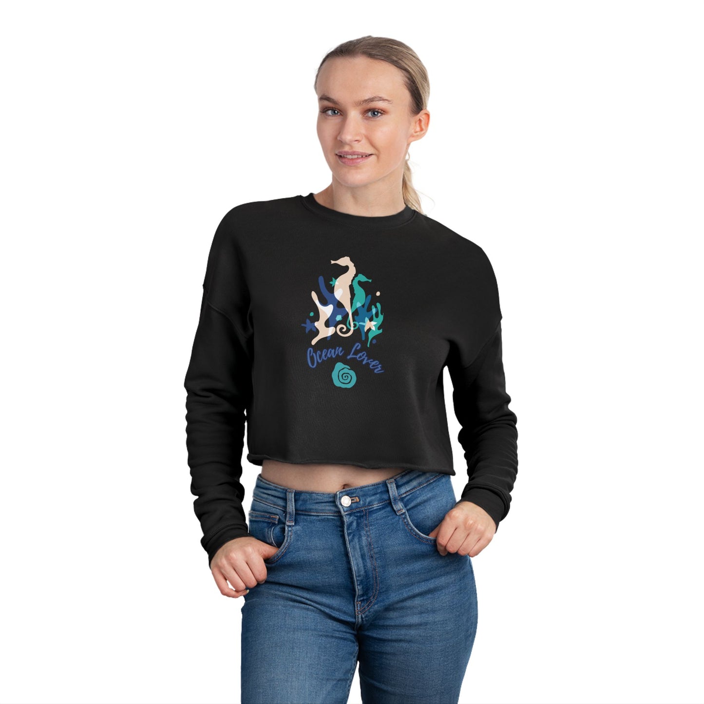"Ocean Lover" Sea Horse & Coral Cropped Sweatshirt — Women's Beachy Crop Top