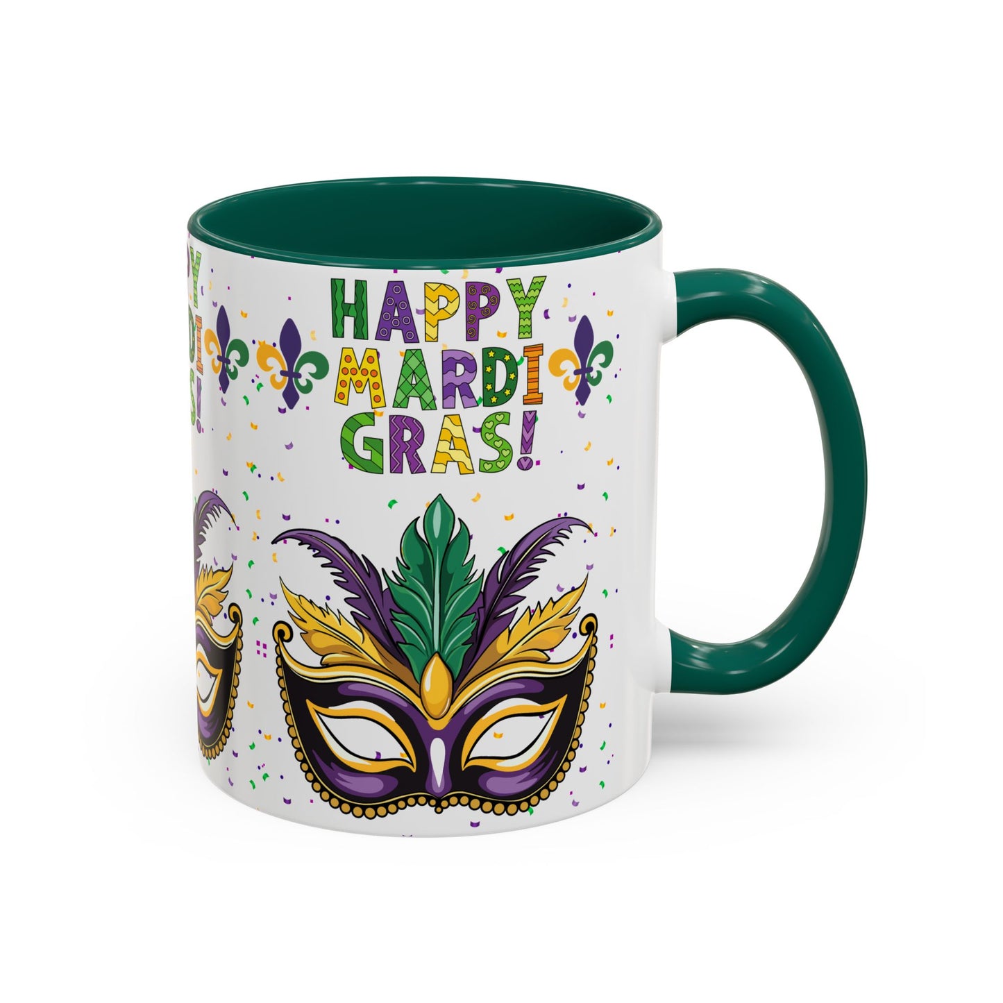 "Happy Mardi Gras" Mugs — Colorful 11oz/15oz Carnival Mask-Fleur De Lis Design White Ceramic Mugs