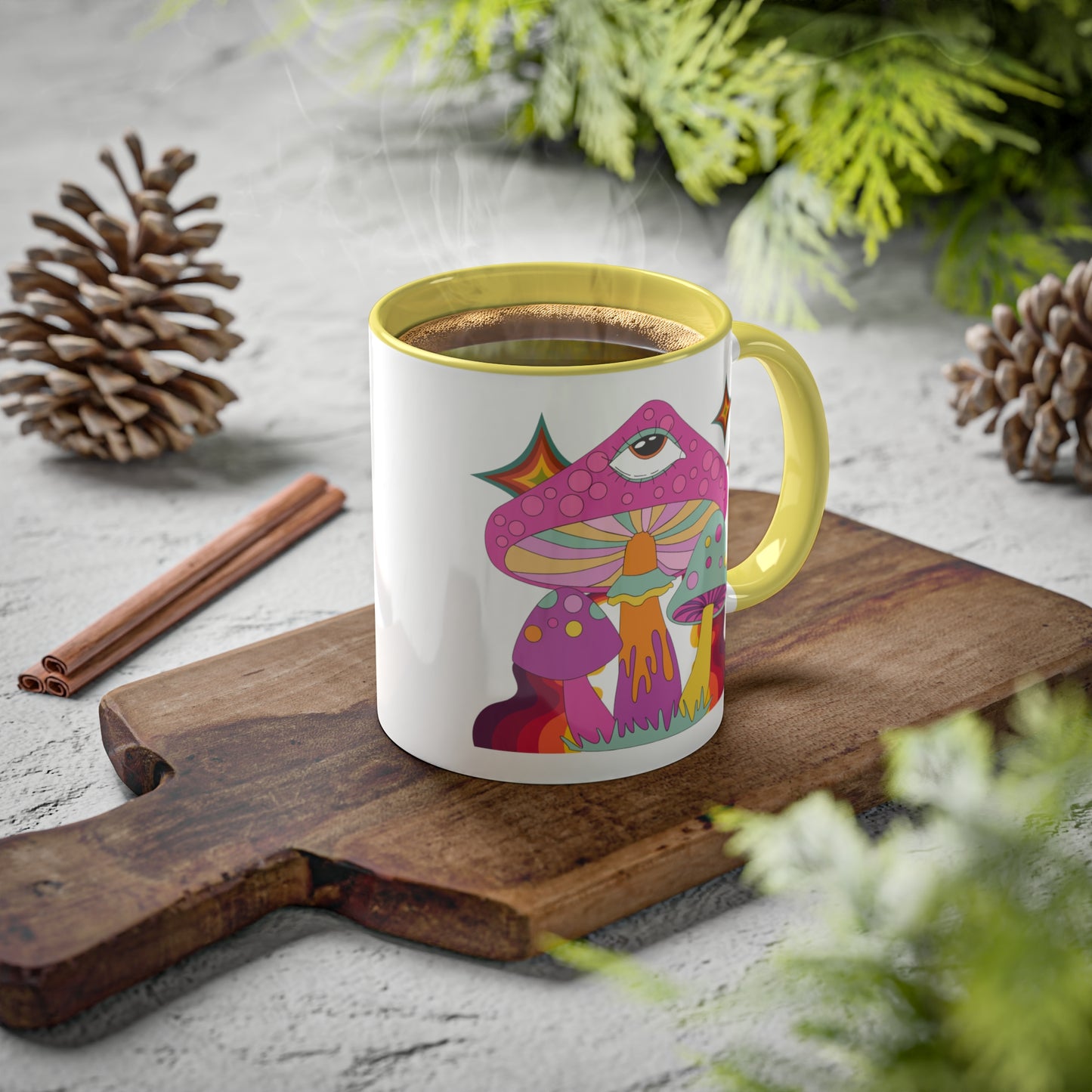 "Groovy Mushrooms" 11 oz White Mug with Colorful Accents