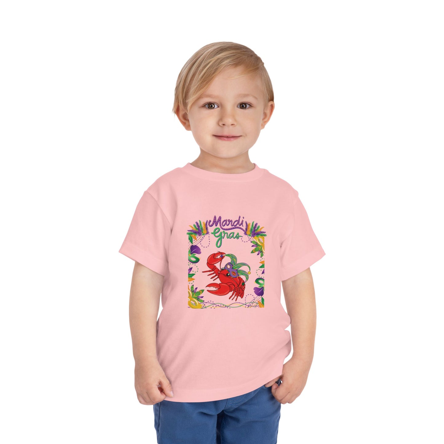 "Mardi Gras Crawfish" Toddler Short Sleeve Tee — Festive Masked Crawfish in Purple, Green & Gold!