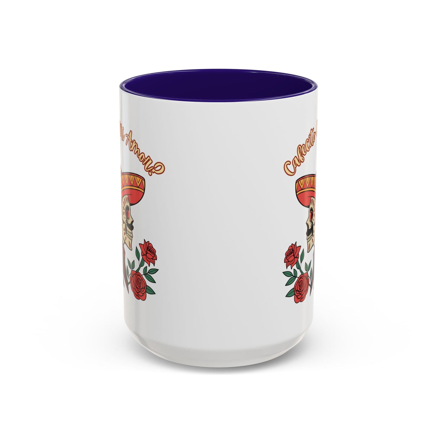 "Cafecito Mi Amor?" -El Hombre, Sugar Skull Style, White Ceramic Mugs with Colorful Accents (11oz/15oz)