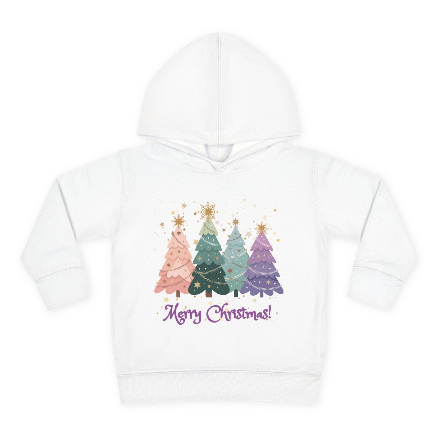 "Merry Xmas" Toddler Hoodie — Pastel Paper-Cut Christmas Trees with Gold Stars