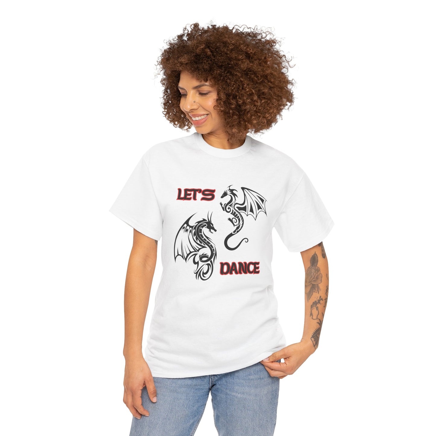 "Let's Dance" Unisex Heavy Cotton Tee, Black/Red Text