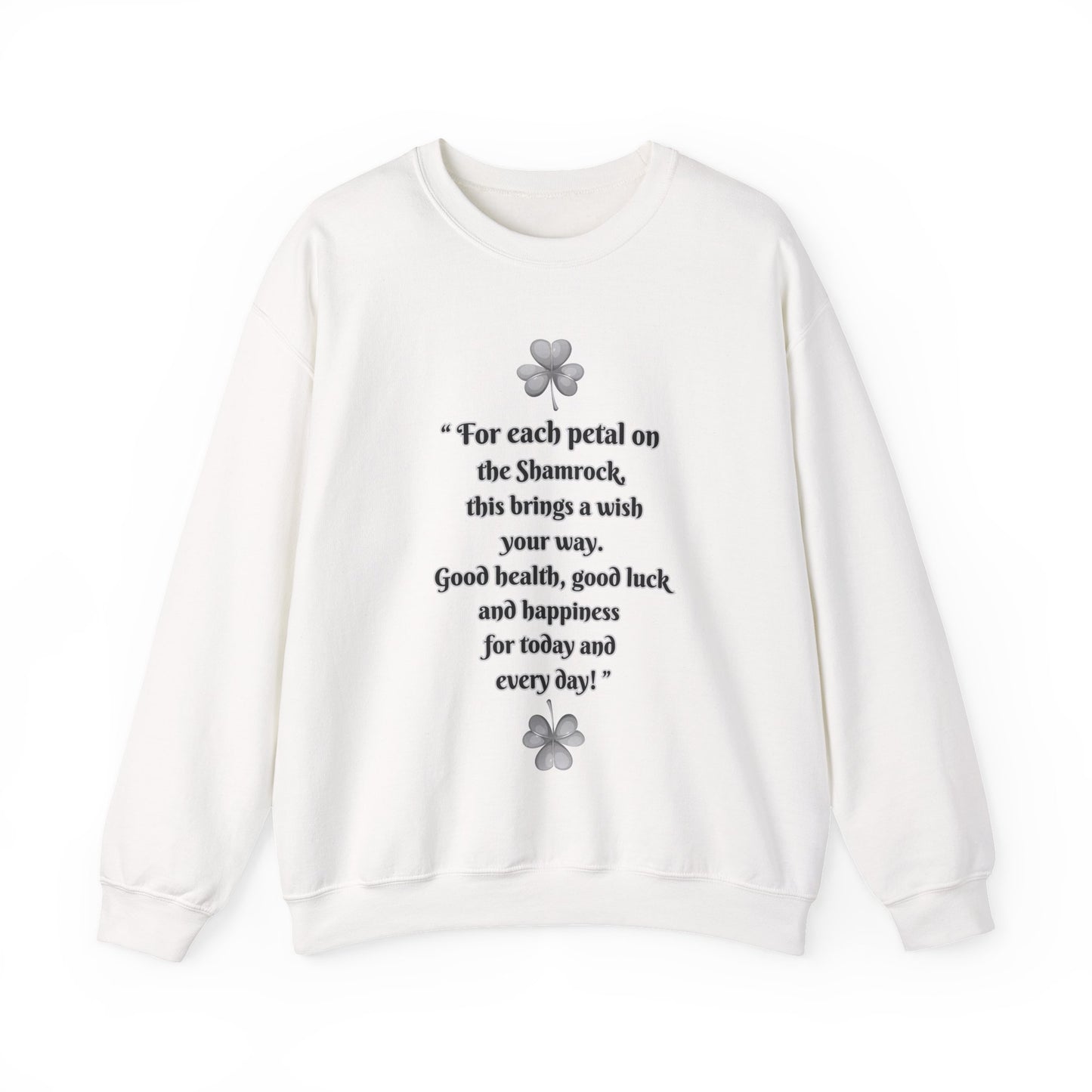 "Irish Blessing(Front)-Shamrock Wiseman(Back)", Unisex Crewneck Sweatshirt— Irish Luck Quote & Rustic Irish Wiseman Surrounded By Clover