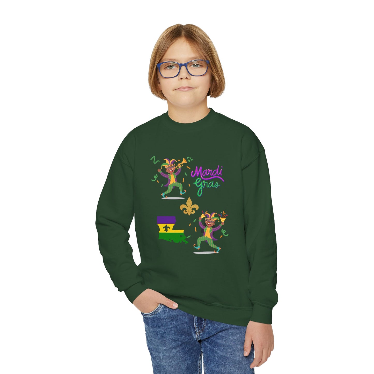 "Mardi Gras Kids" Youth Crewneck Sweatshirt — Colorful Beads, Jester Costumes & The State Of Louisiana all in Classic Mardi Gras Colors - Ready For The Parades!