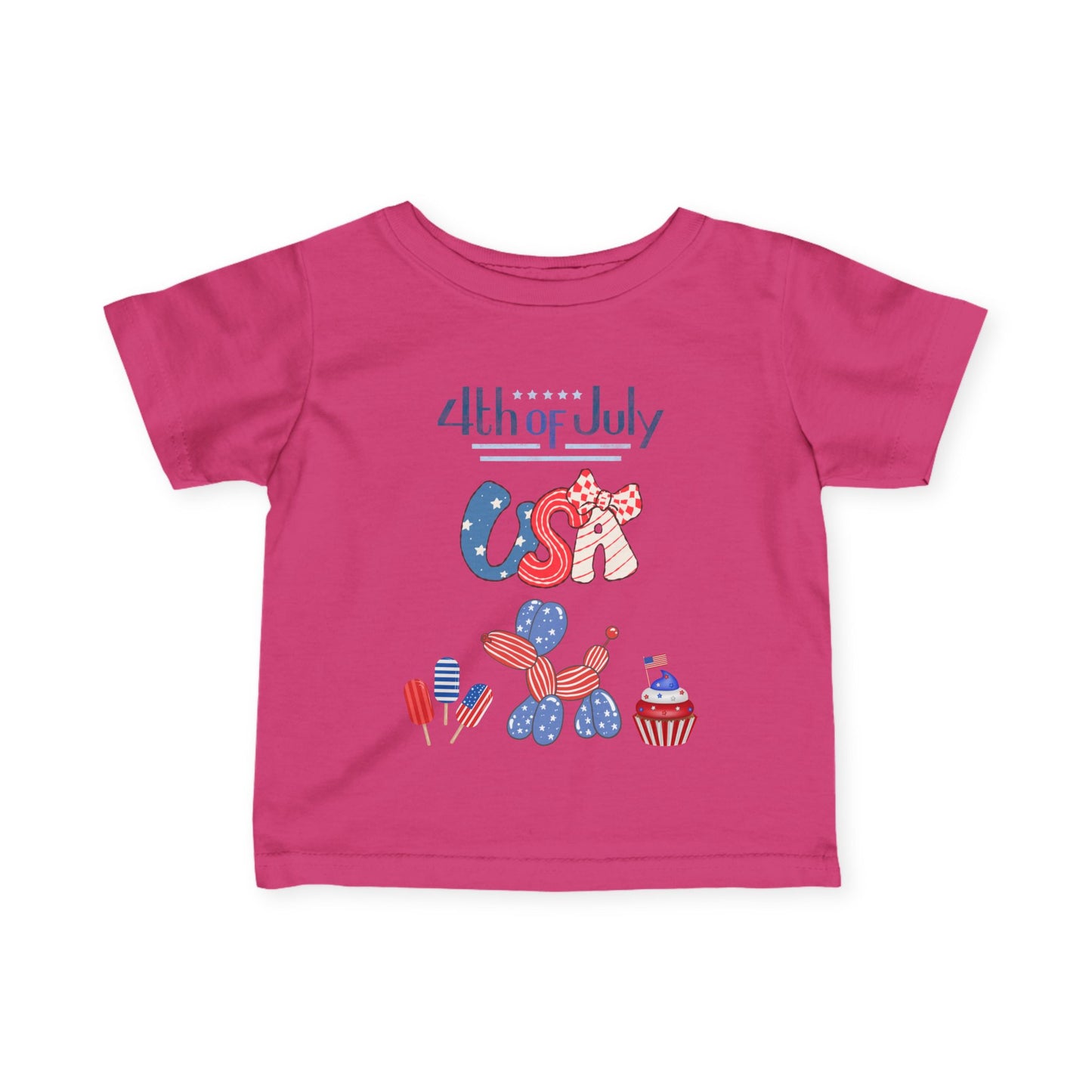 4th of July Infant Tee — USA Patriotic Baby Shirt with Flag Bow & Cupcake