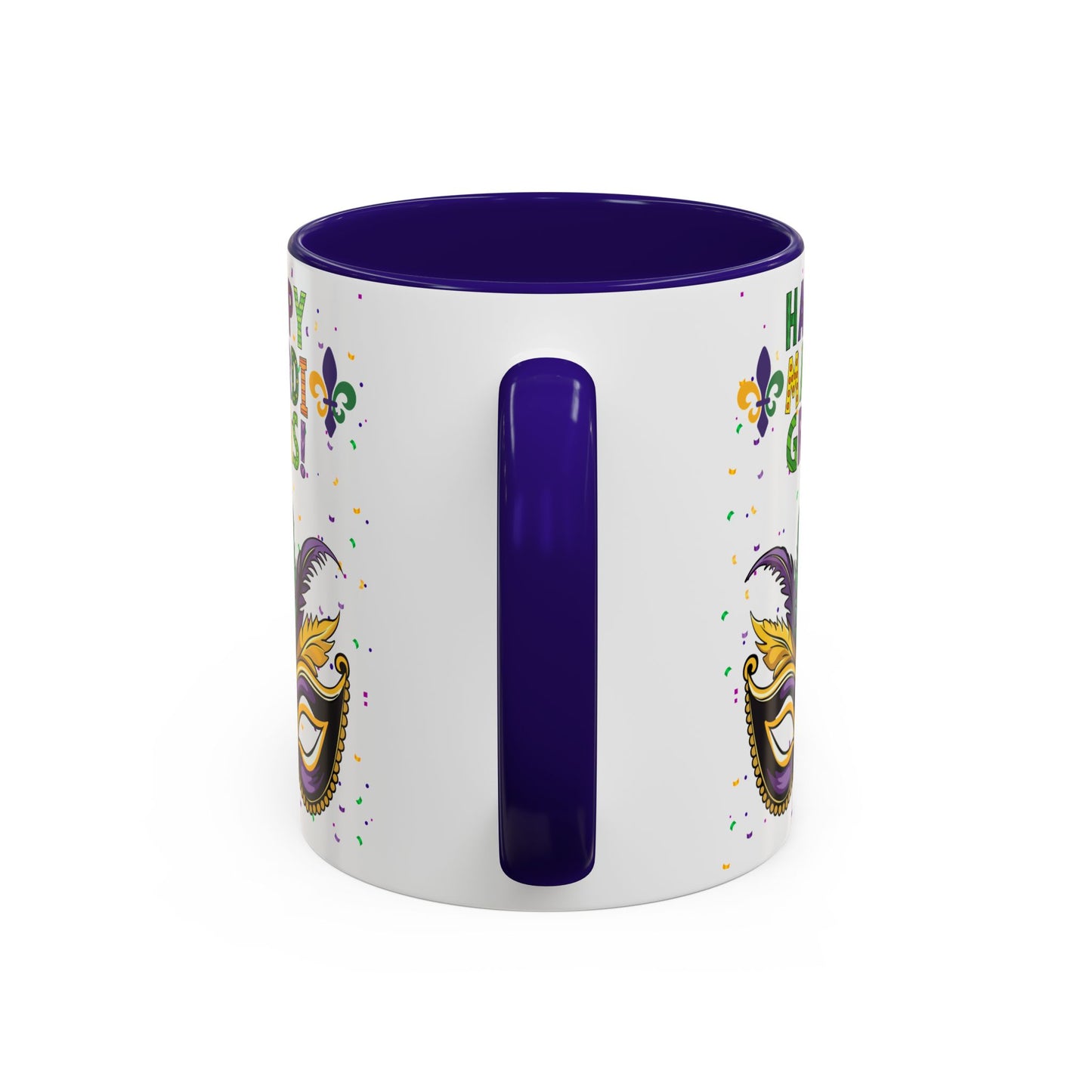 "Happy Mardi Gras Mask" White Ceramic 11oz Mugs With Colorful Accents.  Enjoy The Carnival Season Every time You Use This Mug.