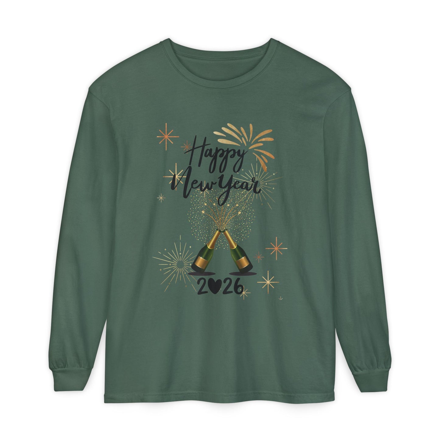 "Happy New Year 2026-Champagne Toast", Unisex Long Sleeve T‑Shirt.  A "Grown Up" Classy Yet Fun, Long Sleeve Tee.  Dress It Up or Dress It Down For Celebrating The New Year!