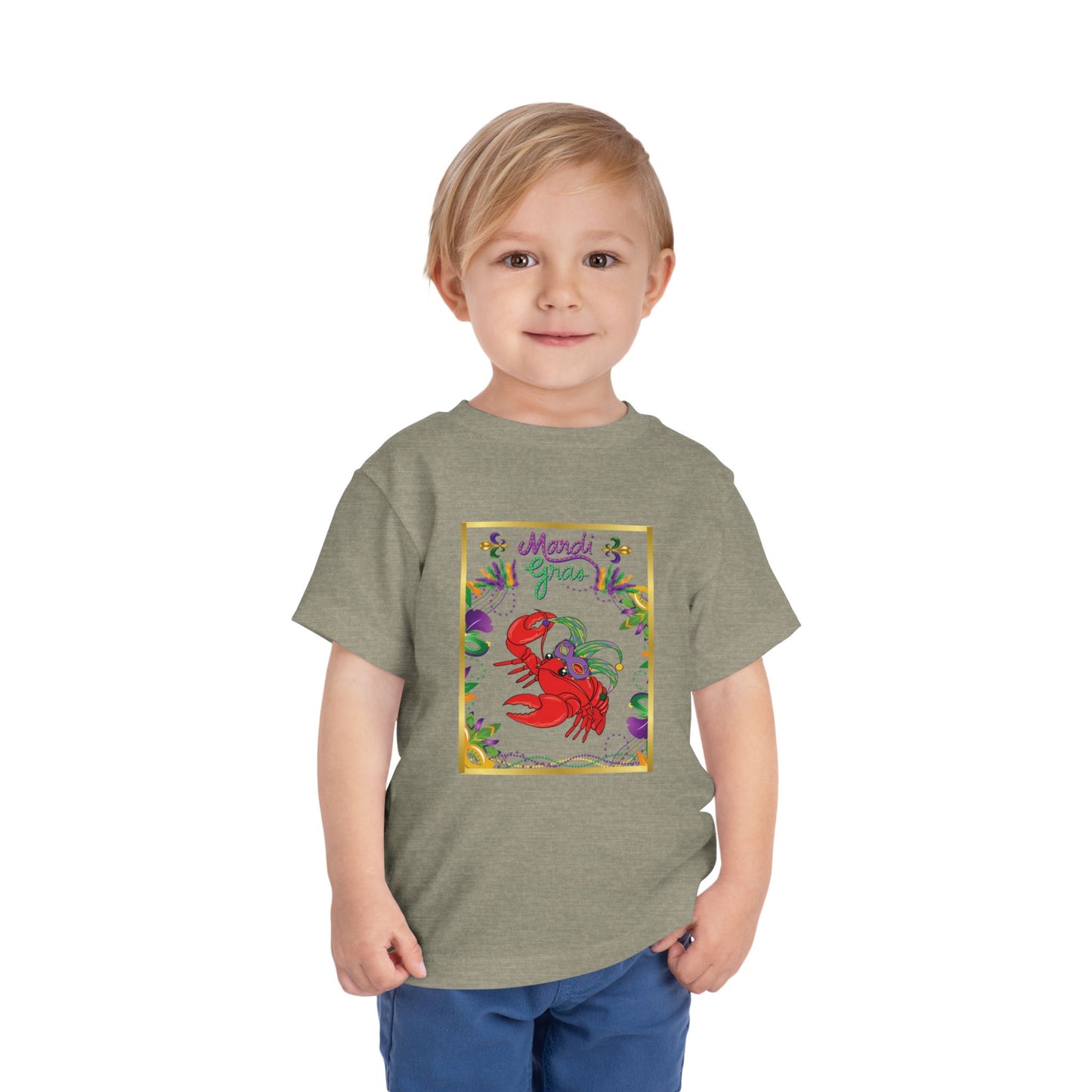 "Mardi Gras Crawfish" Toddler Short Sleeve Tee — Festive Masked Bright Red Crawfish Ready for Carnival!