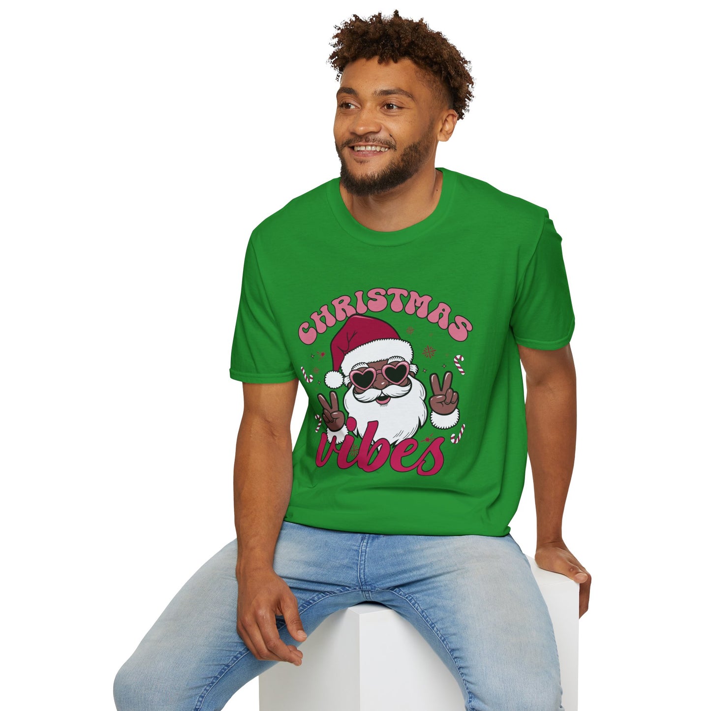 "Christmas Vibes" Unisex T-Shirt — Retro Santa Sporting Cool Sunglasses And A Peace Sign. What a Groovy Holiday Tee!