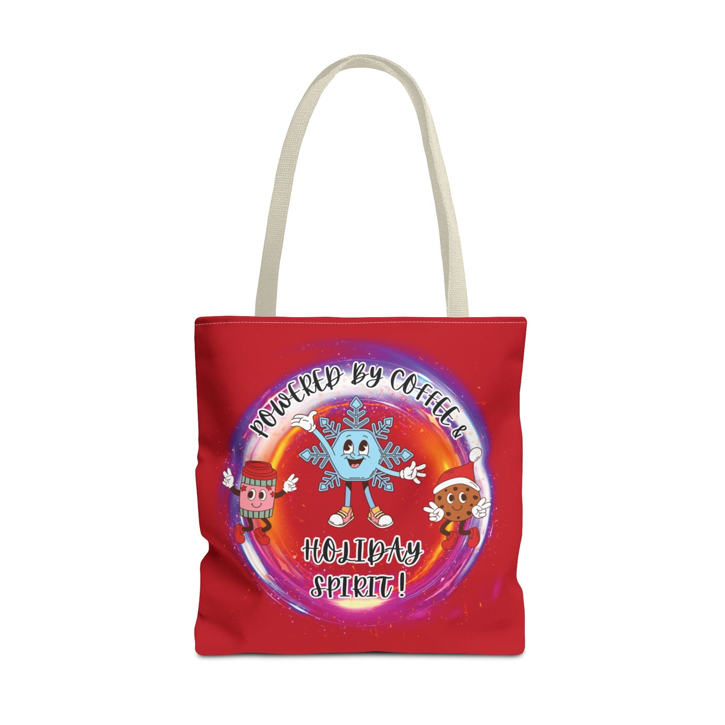 "Powered By Coffee And Holiday Spirit "  Red Tote Bag  with Colored Straps