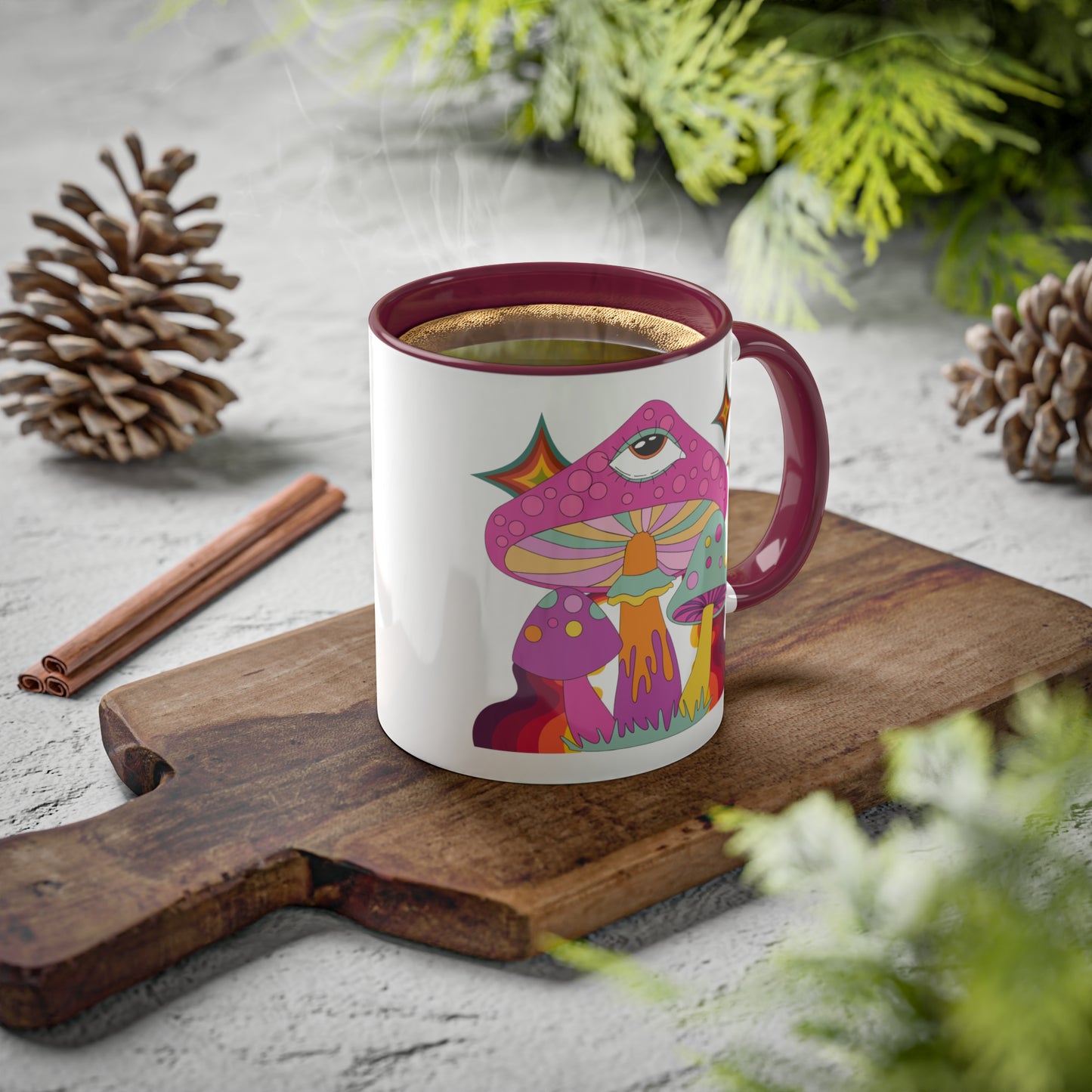 "Groovy Mushrooms" 11 oz White Mug with Colorful Accents