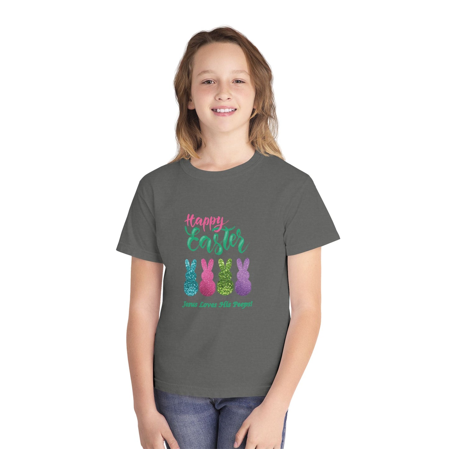 Easter Bunny Youth Tee — "Happy Easter" Christian Kids/Youth Shirt (Jesus Loves His Peeps)