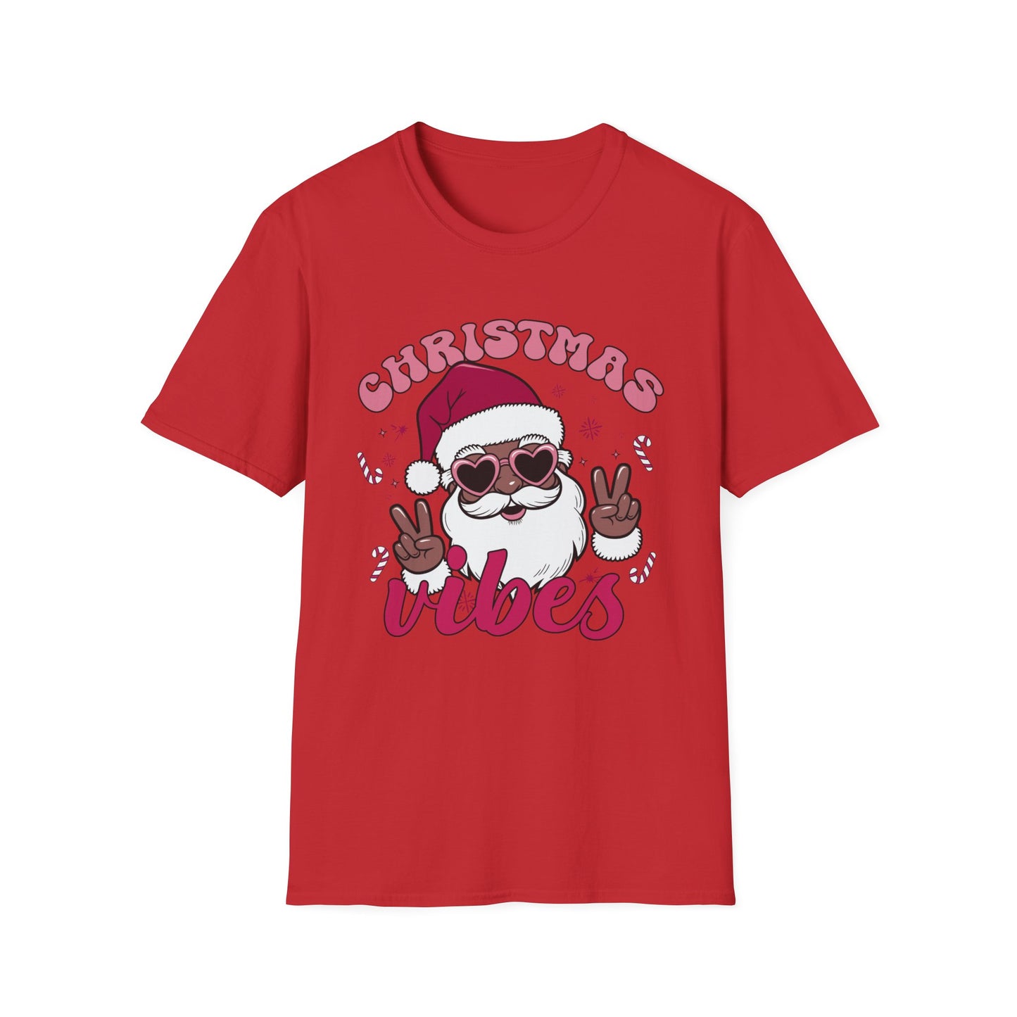 "Christmas Vibes" Unisex T-Shirt — Retro Santa Sporting Cool Sunglasses And A Peace Sign. What a Groovy Holiday Tee!
