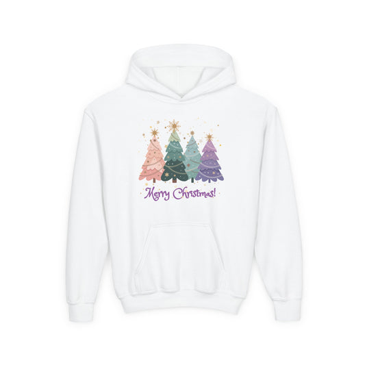 Youth Hoodie - 'Merry Christmas' Pastel Trio Christmas Trees Holiday Pullover