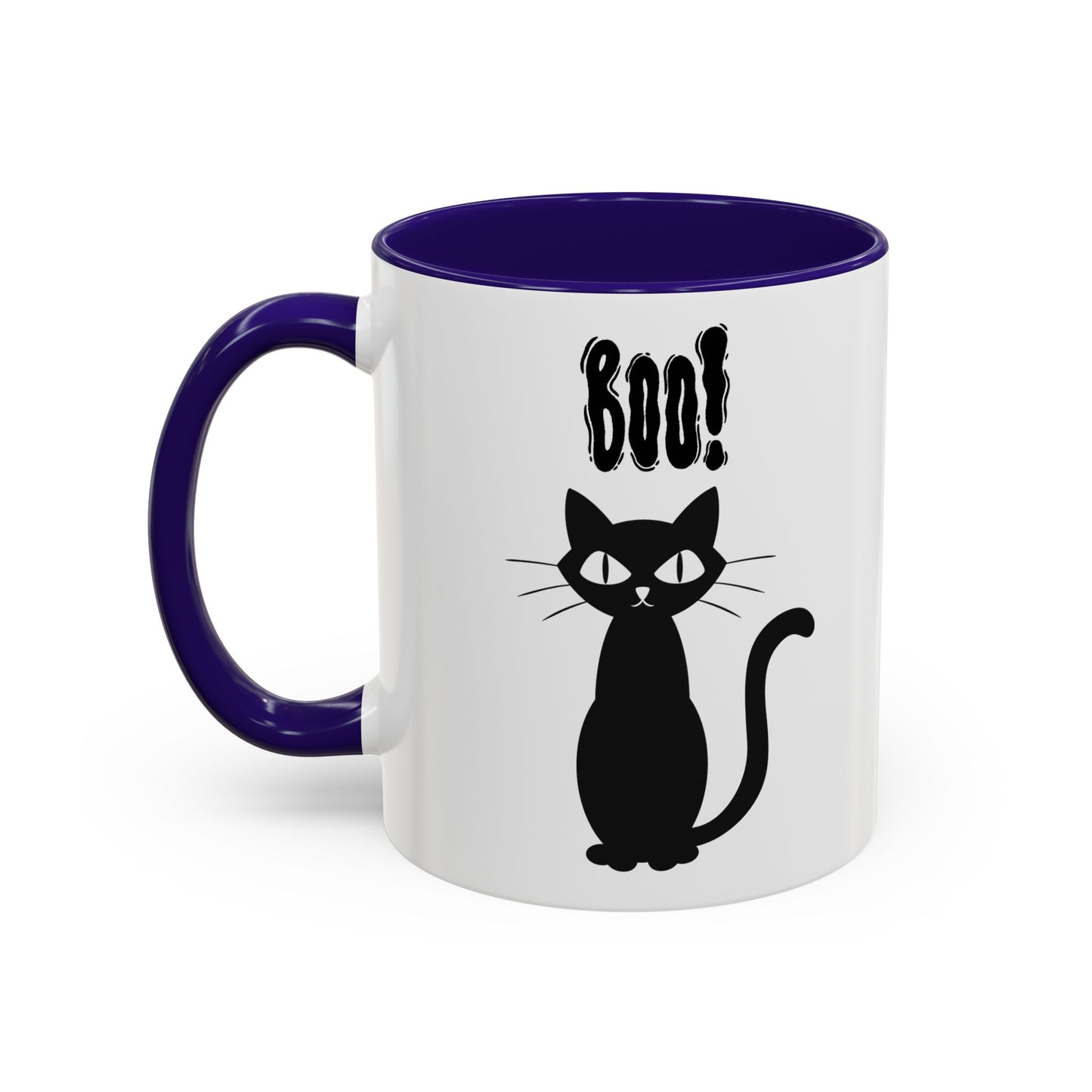 ''Boo" Black Kitty, White Ceramic Mugs With Colorful Accents (11oz and 15oz)