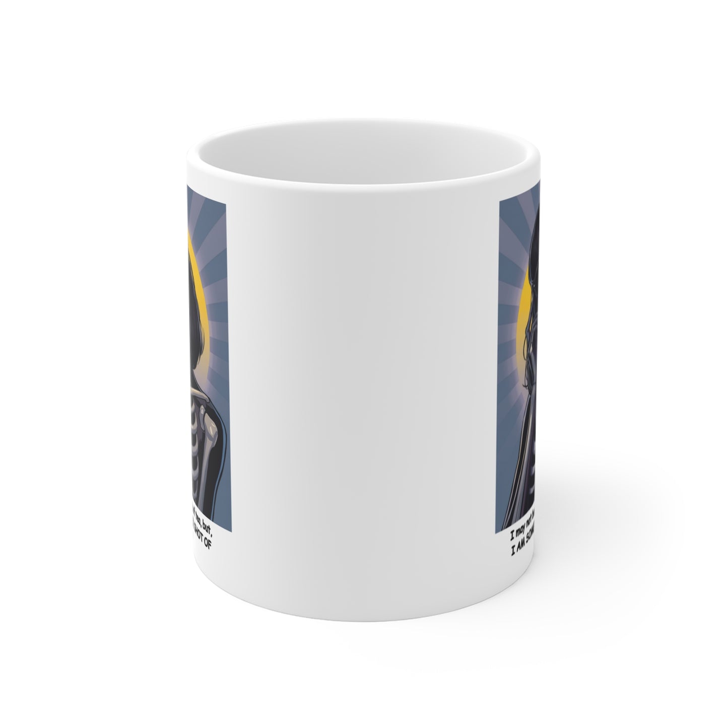 "I may not be your cup of tea, but, I AM SOMEONE'S DOUBLE SHOT OF WHISKEY!" Pop Art Style Female Skeleton-"Dark Beauty" White Ceramic Mug. A Great Halloween or Dia De Los Muertos Gift !