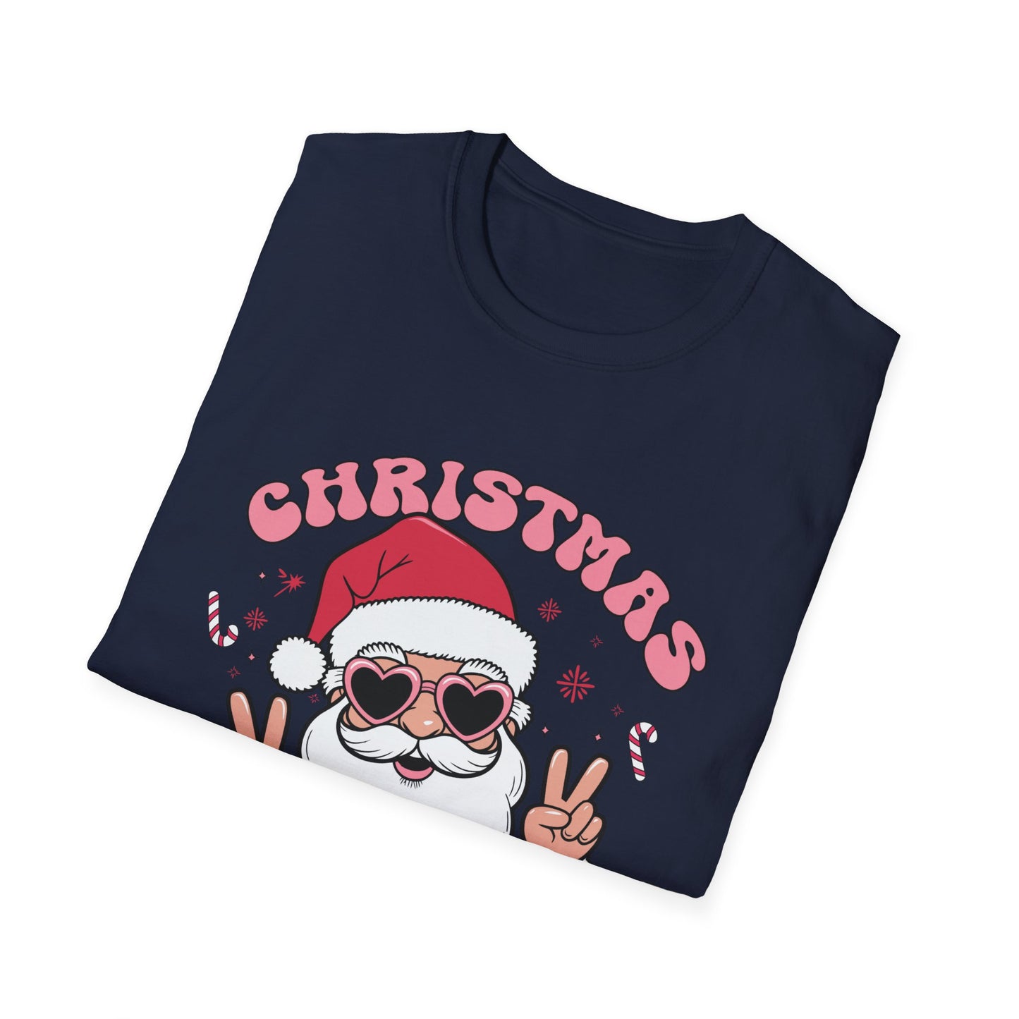 "Christmas Vibes"  Smiling Santa Holiday Unisex T-Shirt.  Cool(Tan)Santa Wearing His Shades And Sharing A "Peace Sign".