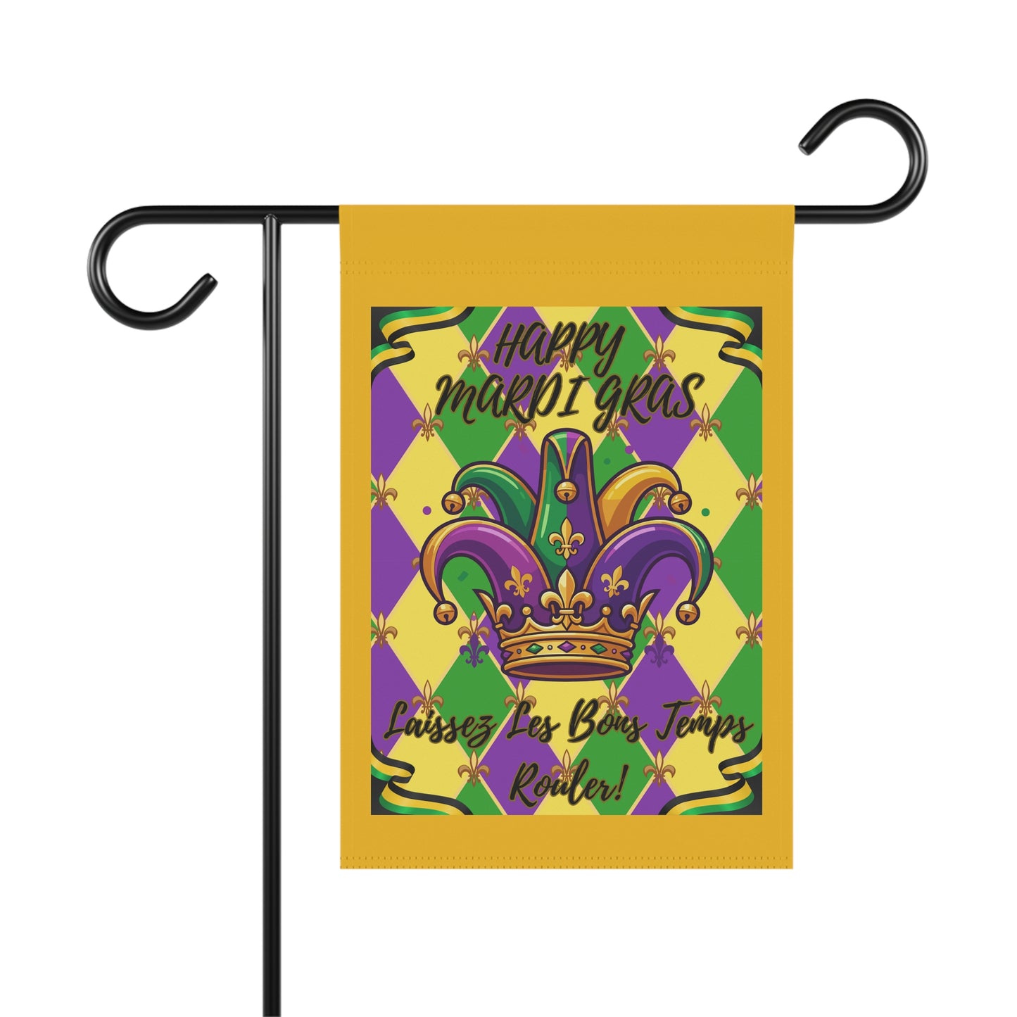 Happy Mardi Gras  Jester Crown-Laissez Les Bons Temps Rouler" Garden Flag — "Happy Mardi Gras" House Banner-Yellow