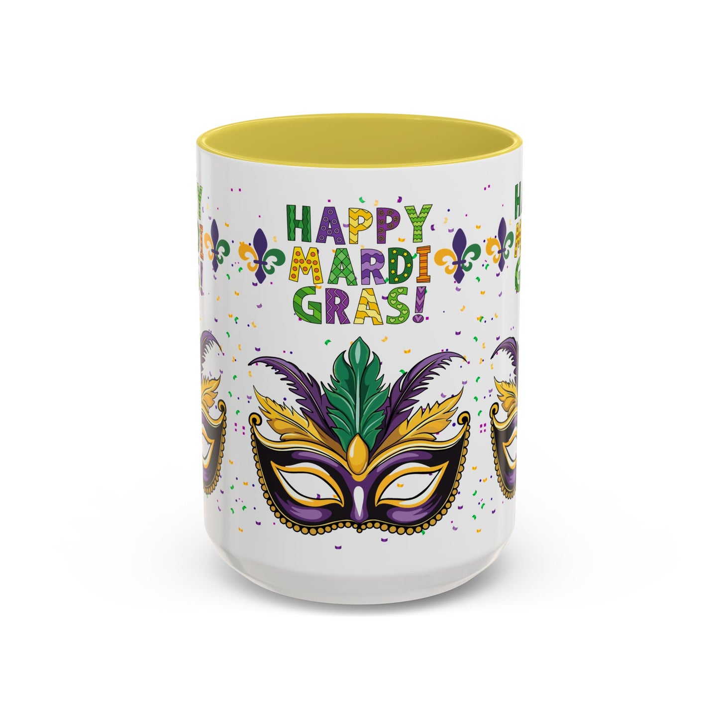 "Happy Mardi Gras" Mugs — Colorful 11oz/15oz Carnival Mask-Fleur De Lis Design White Ceramic Mugs