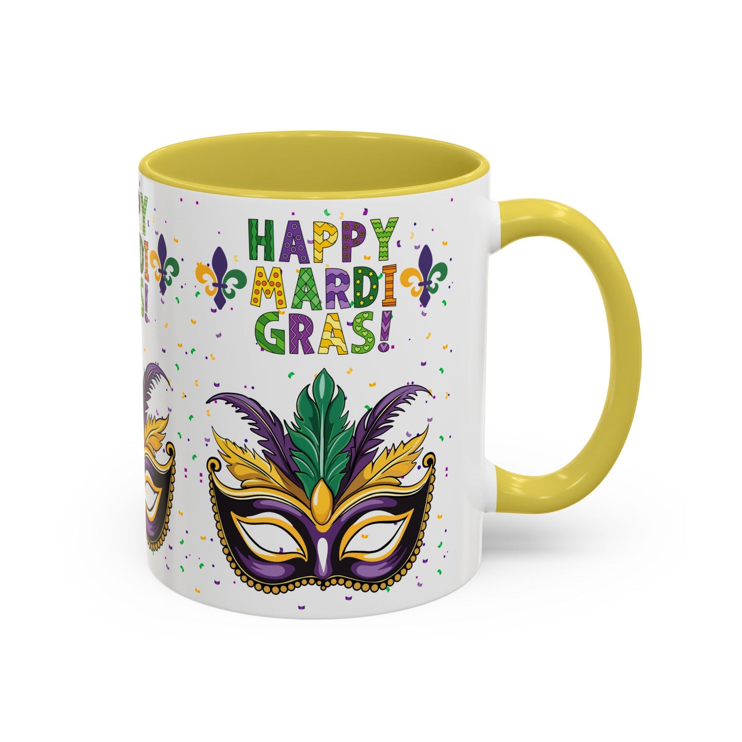 "Happy Mardi Gras Mask" White Ceramic 11oz Mugs With Colorful Accents.  Enjoy The Carnival Season Every time You Use This Mug.