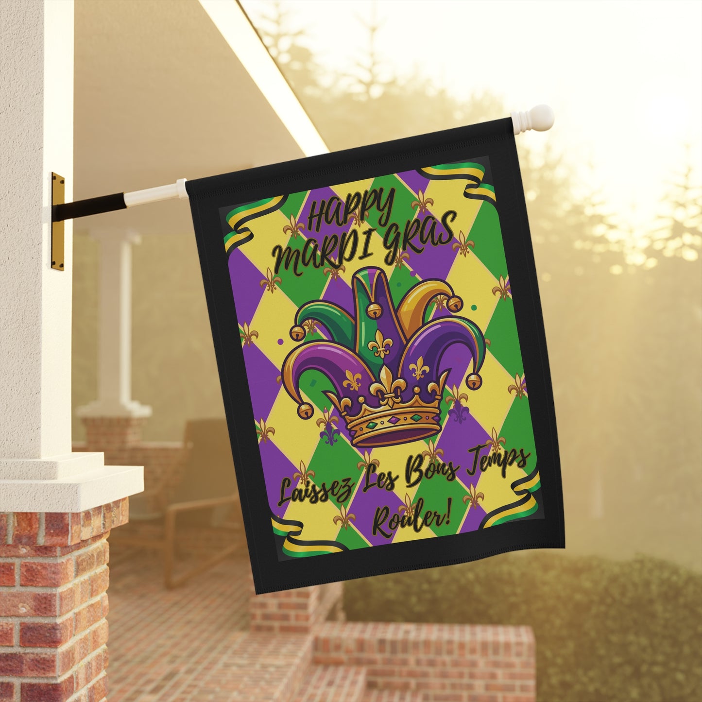 Mardi Gras Jester Crown Garden Flag — "Happy Mardi Gras-Laissez Les Bons Temps Rouler!" House Banner-Black