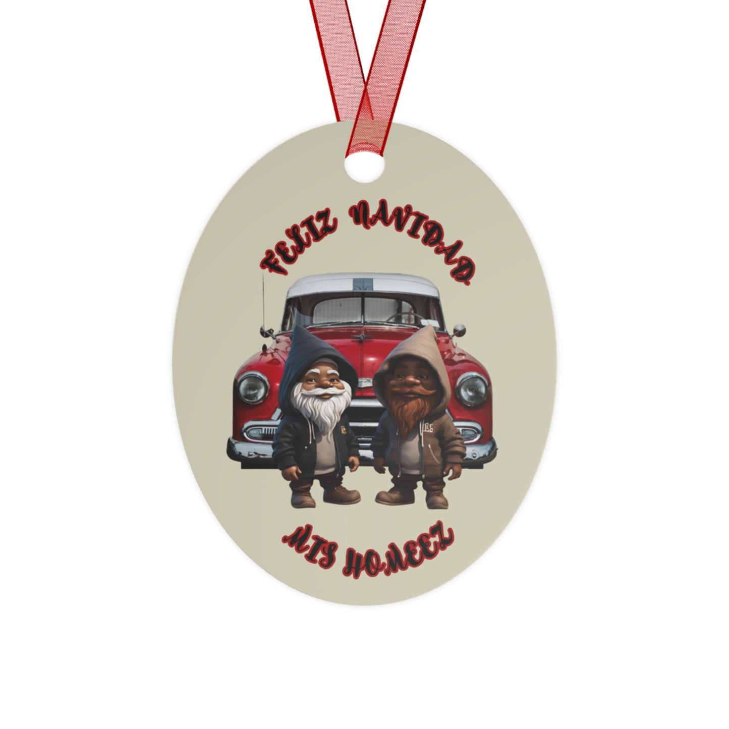 "Feliz Navidad Mis Homeez"  Beige Oval Metal Ornament
