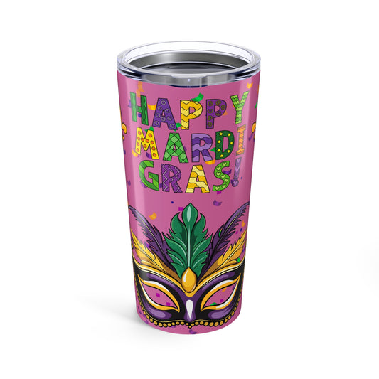 Happy Mardi Gras 20oz Tumbler – Purple Mask & Confetti Travel Cup-Pink
