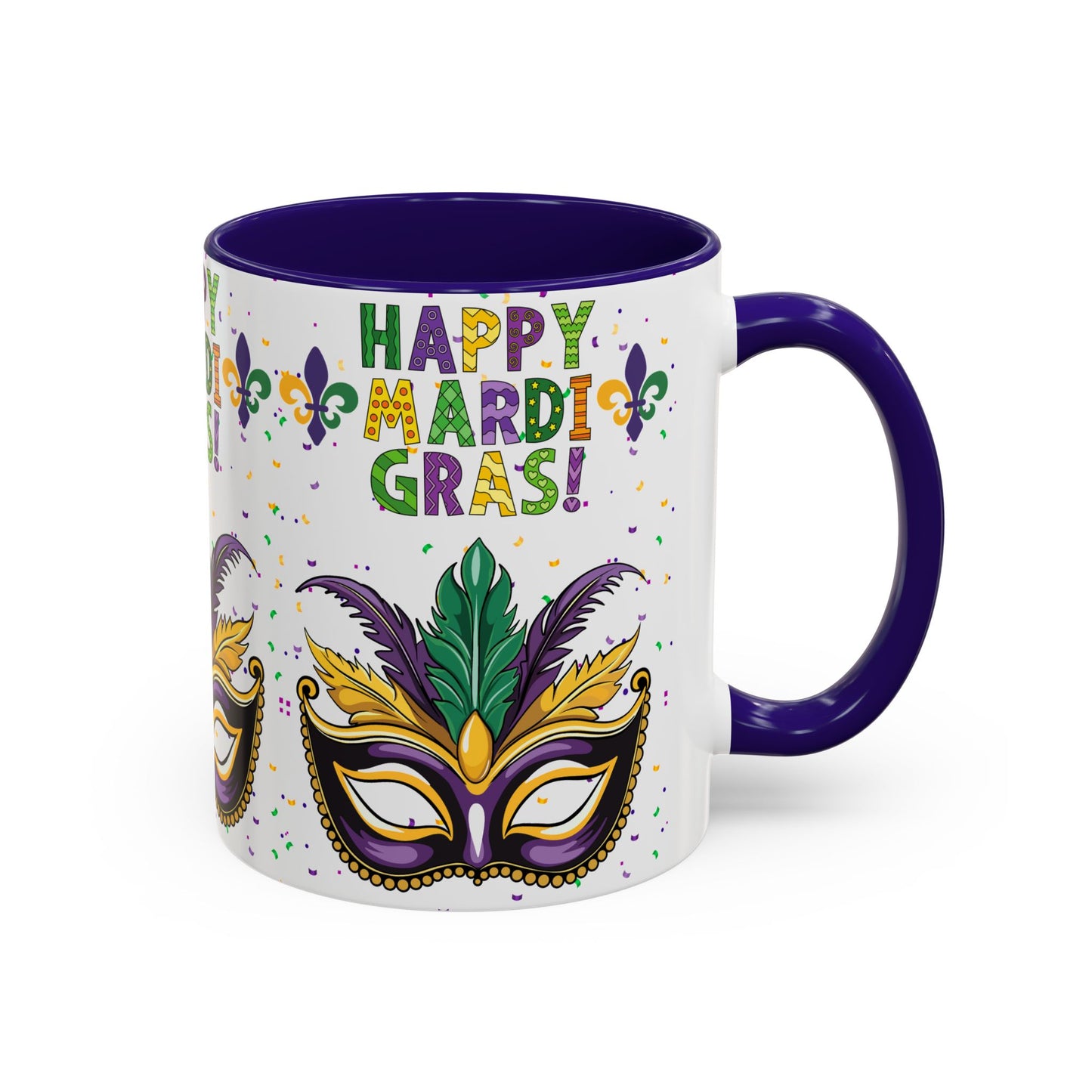 "Happy Mardi Gras" Mugs — Colorful 11oz/15oz Carnival Mask-Fleur De Lis Design White Ceramic Mugs