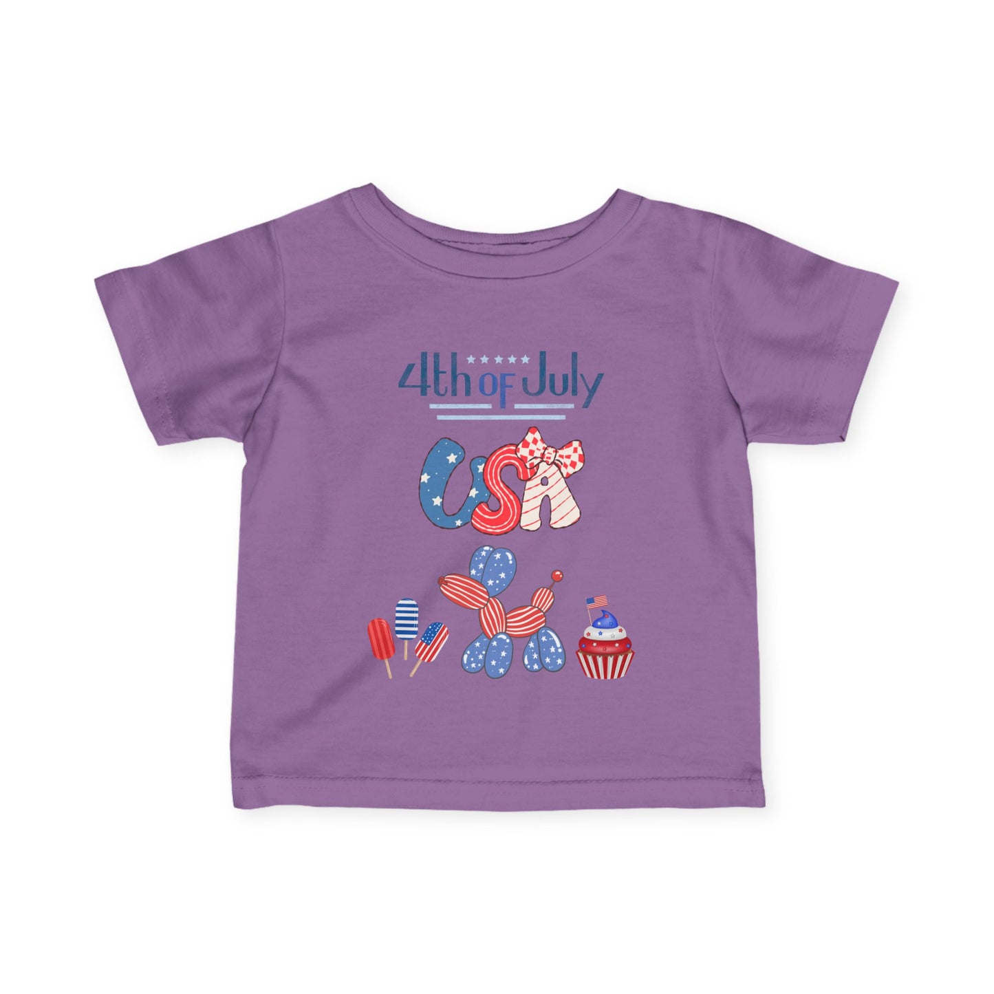 4th of July Infant Tee — USA Patriotic Baby Shirt with Flag Bow & Cupcake