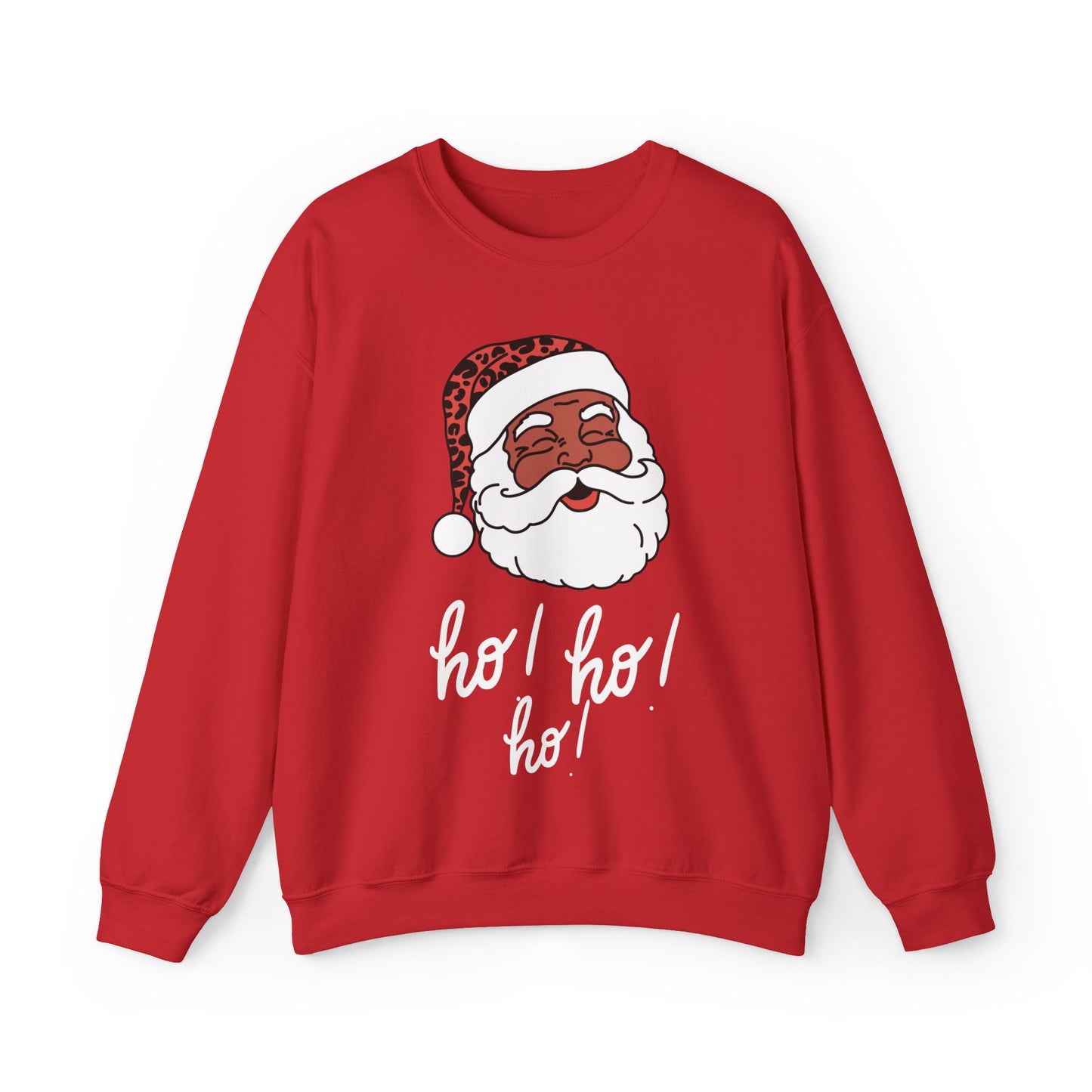 "Smiling (Brown) Santa - Ho Ho Ho!" Unisex Heavy Blend Sweatshirt, White Text
