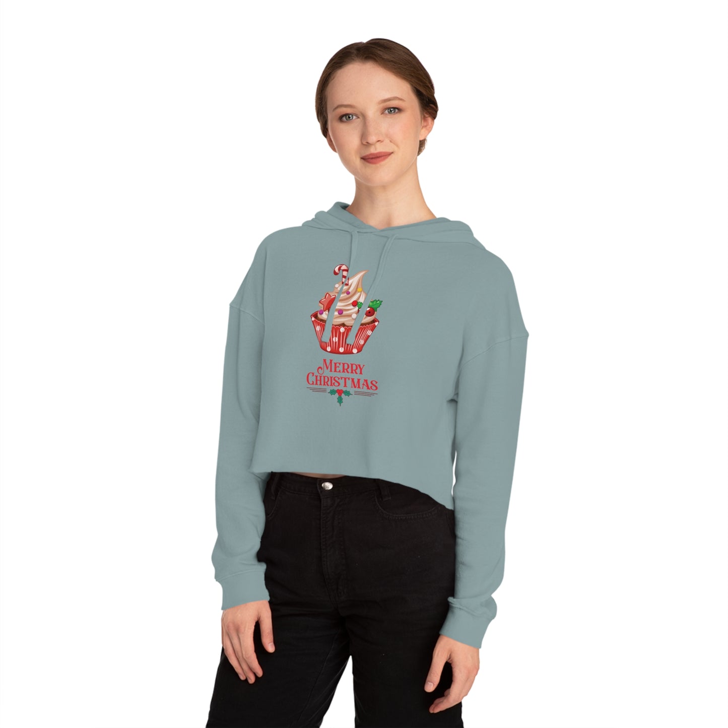 "Christmas Cupcake"  Ladie's Cropped Hoodie —A Merry Christmas Stylish Holiday Sweatshirt That Looks Good Enough To Eat!
