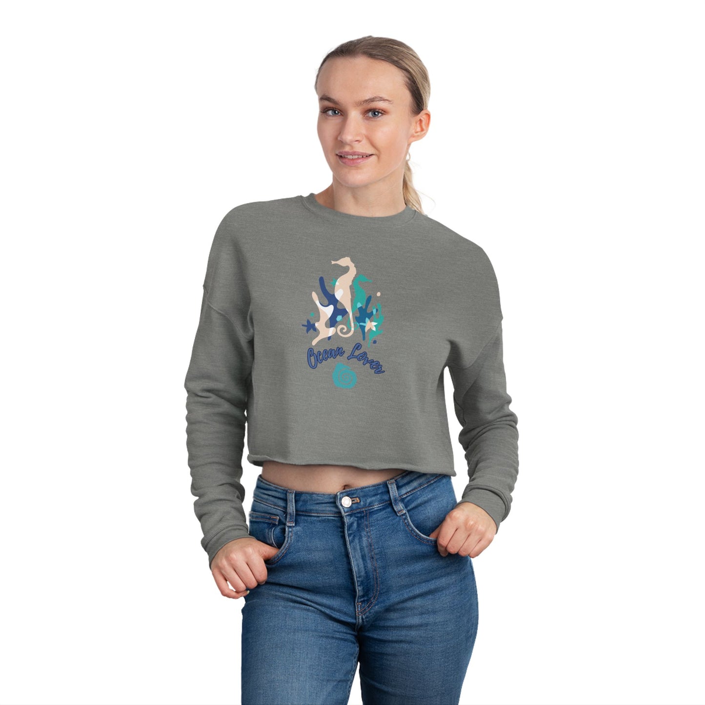 "Ocean Lover" Sea Horse & Coral Cropped Sweatshirt — Women's Beachy Crop Top