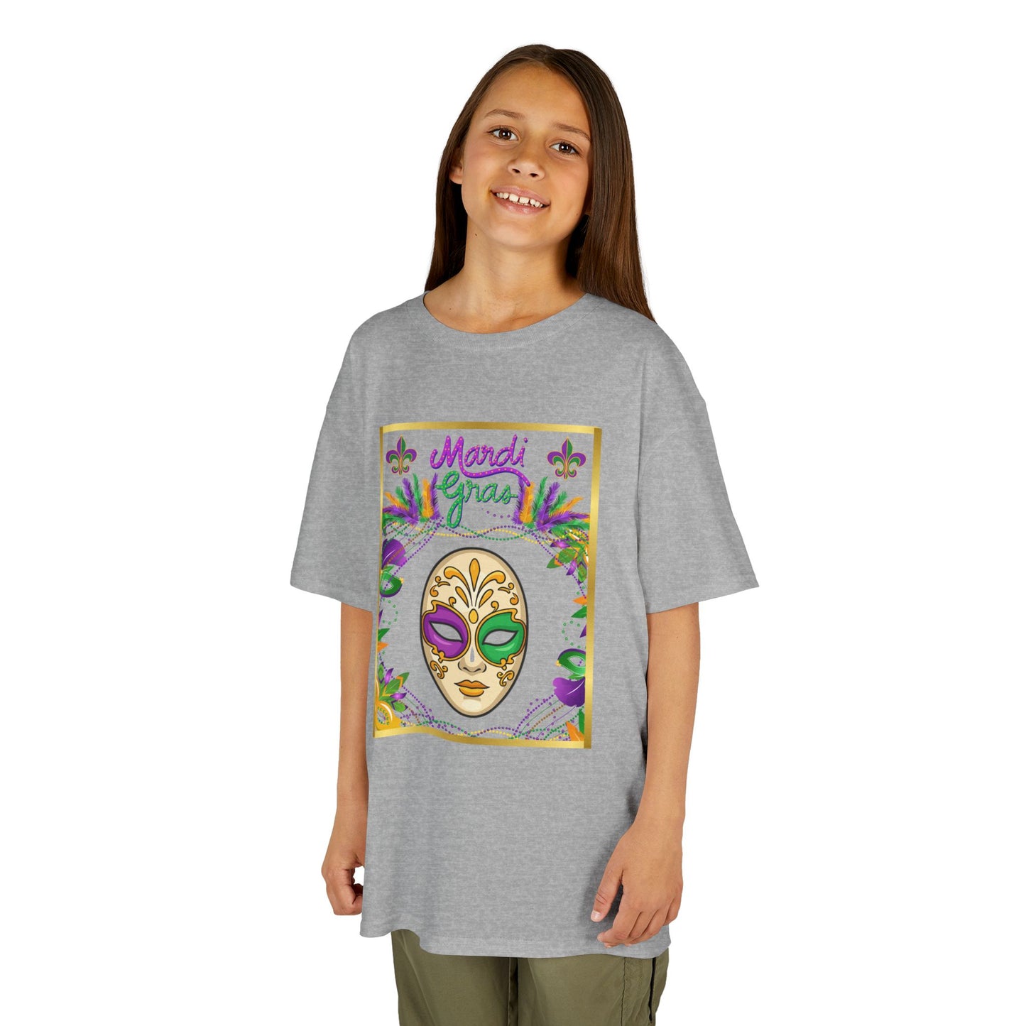 "Mardi  Gras Mask"  Youth Unisex  Boxy T-Shirt.  This Stylish & Colorful Tee Has All The Elements Needed For Carnival Cheer!