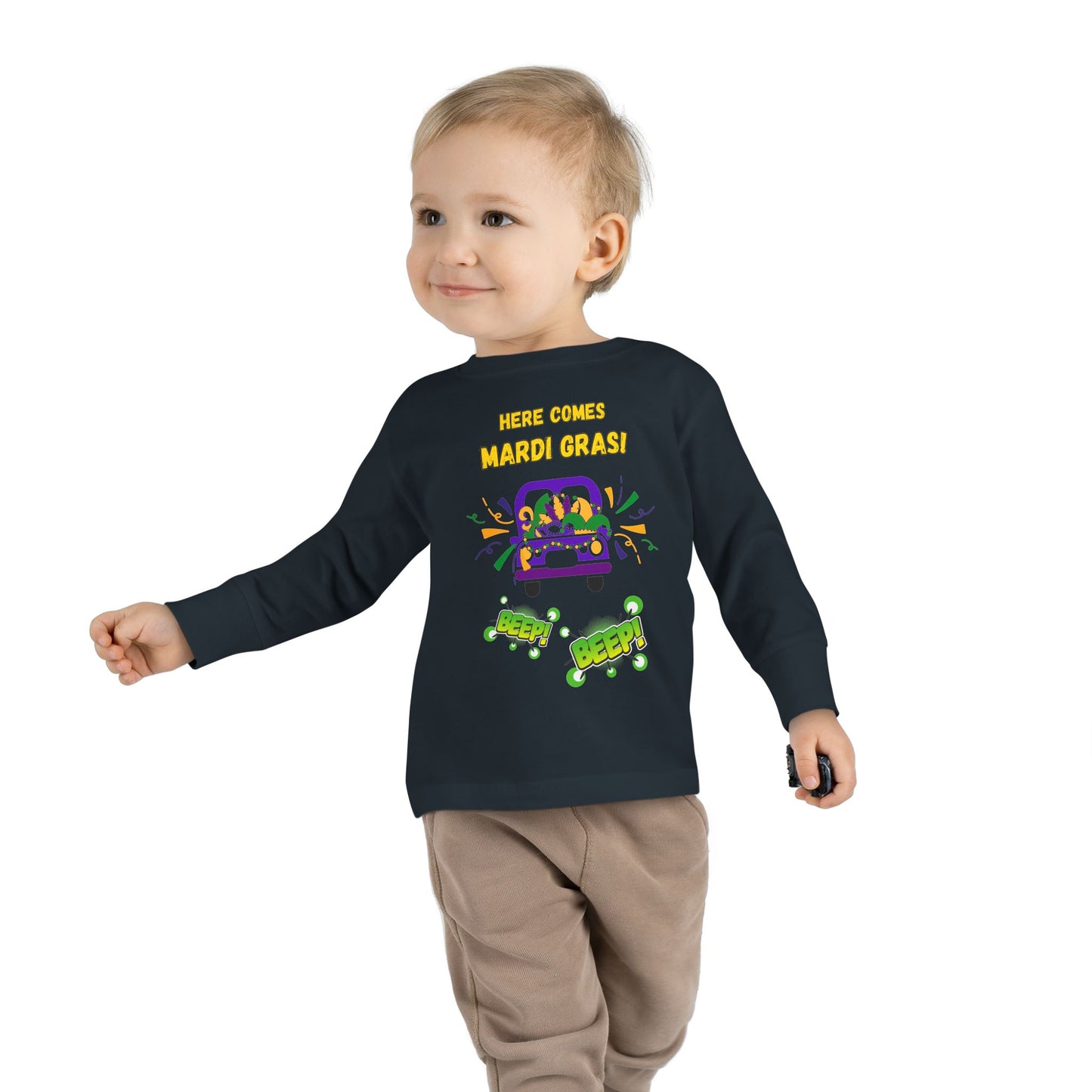 "Here Comes Mardi Gras-Beep, Beep!"  Toddler Long Sleeve Tee.  The Little Ones Will LOVE Wearing This Fun Shirt For Mardi Gras & Beyond!