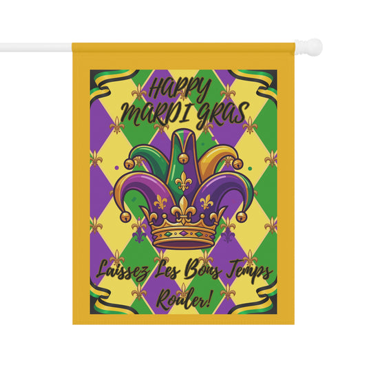 Happy Mardi Gras  Jester Crown-Laissez Les Bons Temps Rouler" Garden Flag — "Happy Mardi Gras" House Banner-Yellow