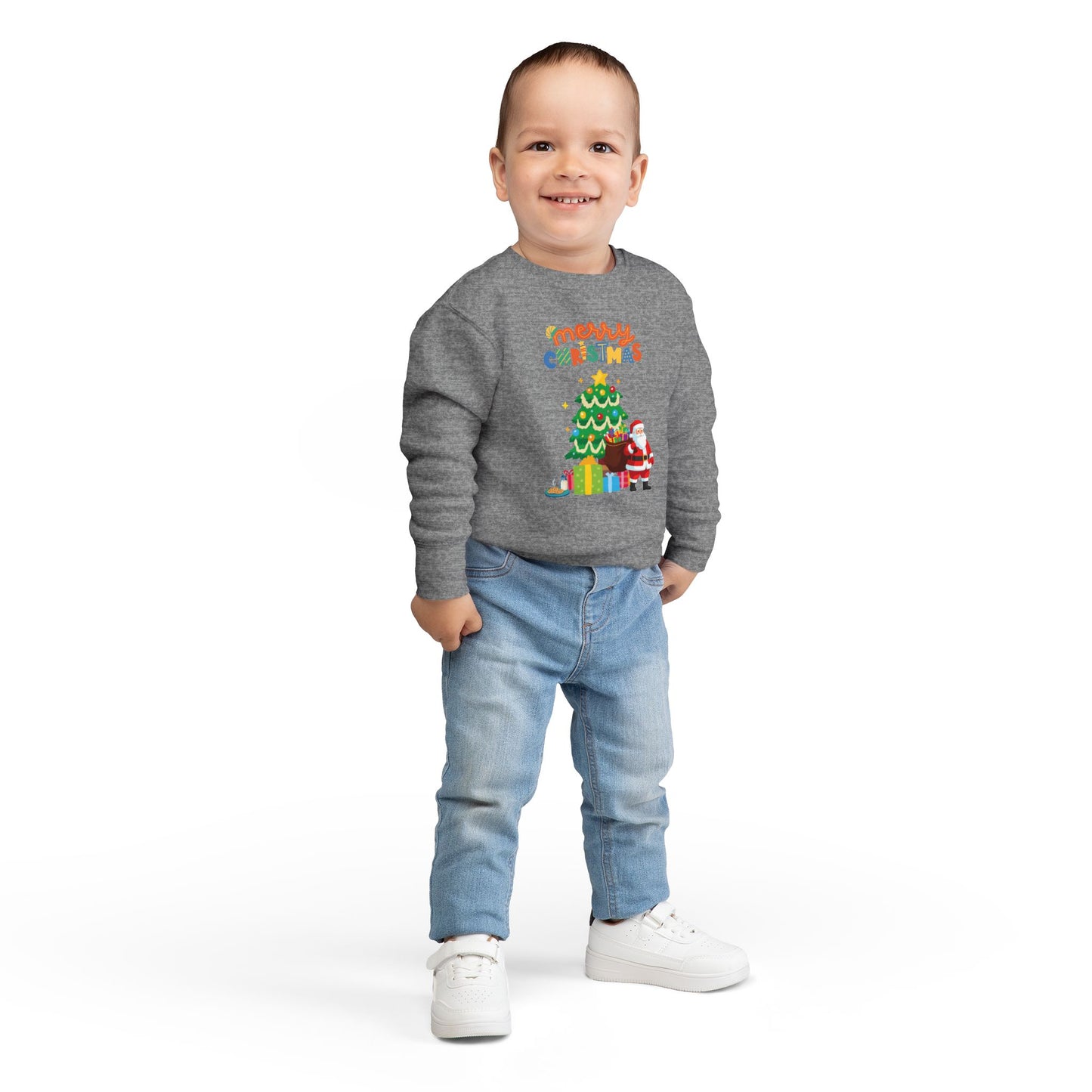 Toddler Sweatshirt — Merry Christmas Santa & Tree Personalized Kids Crewneck