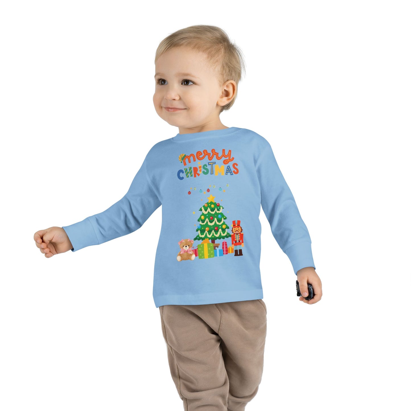 "Merry Christmas" Toddler Long Sleeve Tee – Cute Tree, Gifts & Nutcracker Holiday Shirt