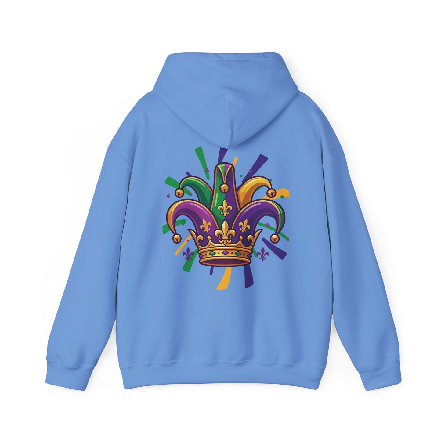 "Mardi Gras Jester Crown" Unisex Pullover Hoodie.  Festive Colorful Front Chest & Bold Back Designs Make This THE Hoodie Of Carnival Season!