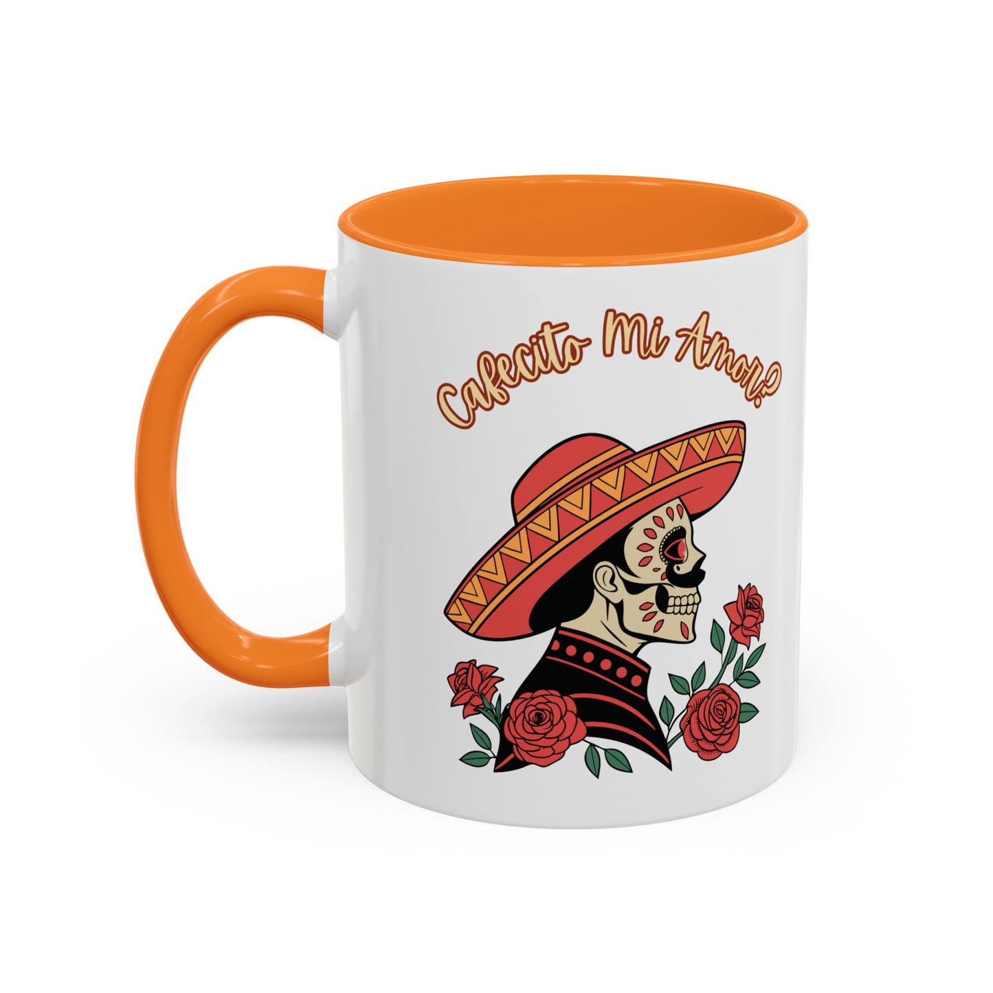 "Cafecito Mi Amor?" -El Hombre, Sugar Skull Style, White Ceramic Mugs with Colorful Accents (11oz/15oz)