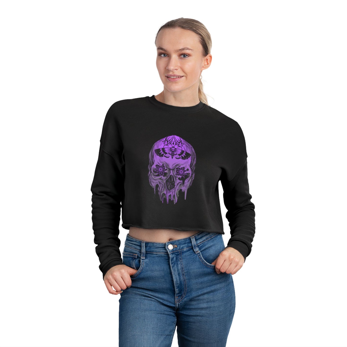 Edgy Women's Cropped Sweatshirt with"Goth Skull "Design.  Trendy Streetwear, great for Halloween Apparel or Music Events!