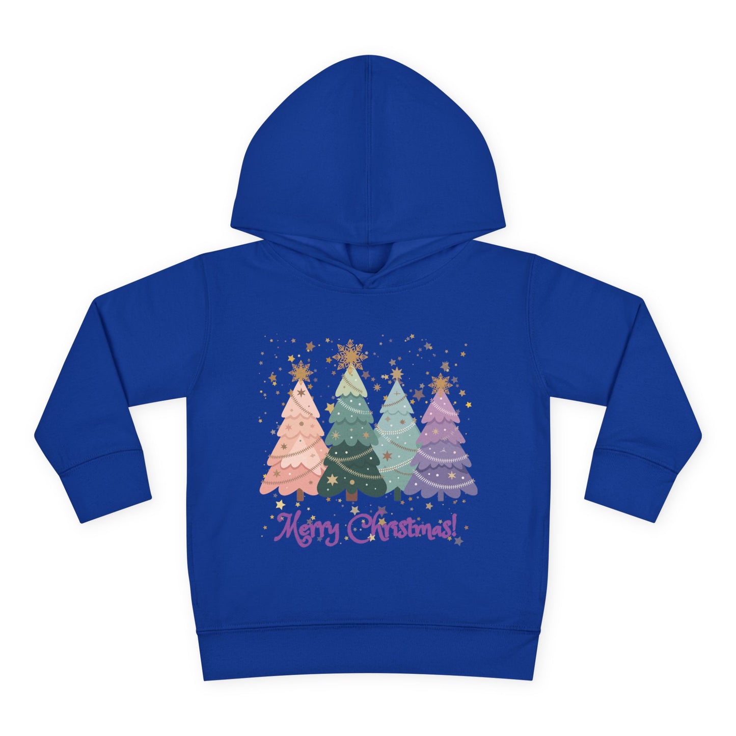"Merry Xmas" Toddler Hoodie — Pastel Paper-Cut Christmas Trees with Gold Stars
