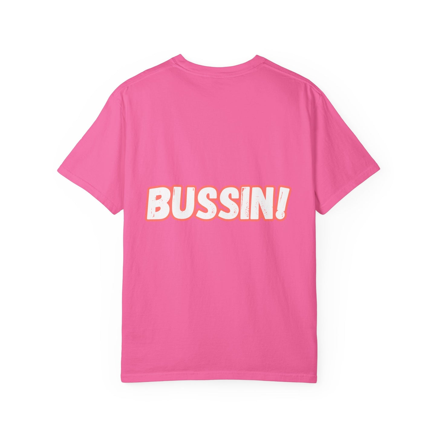 "BUSSIN!" Casual Graphic T-Shirt with Fun Emoji and 'Bussin!' Slogan-Front and Back Designs, Respectively