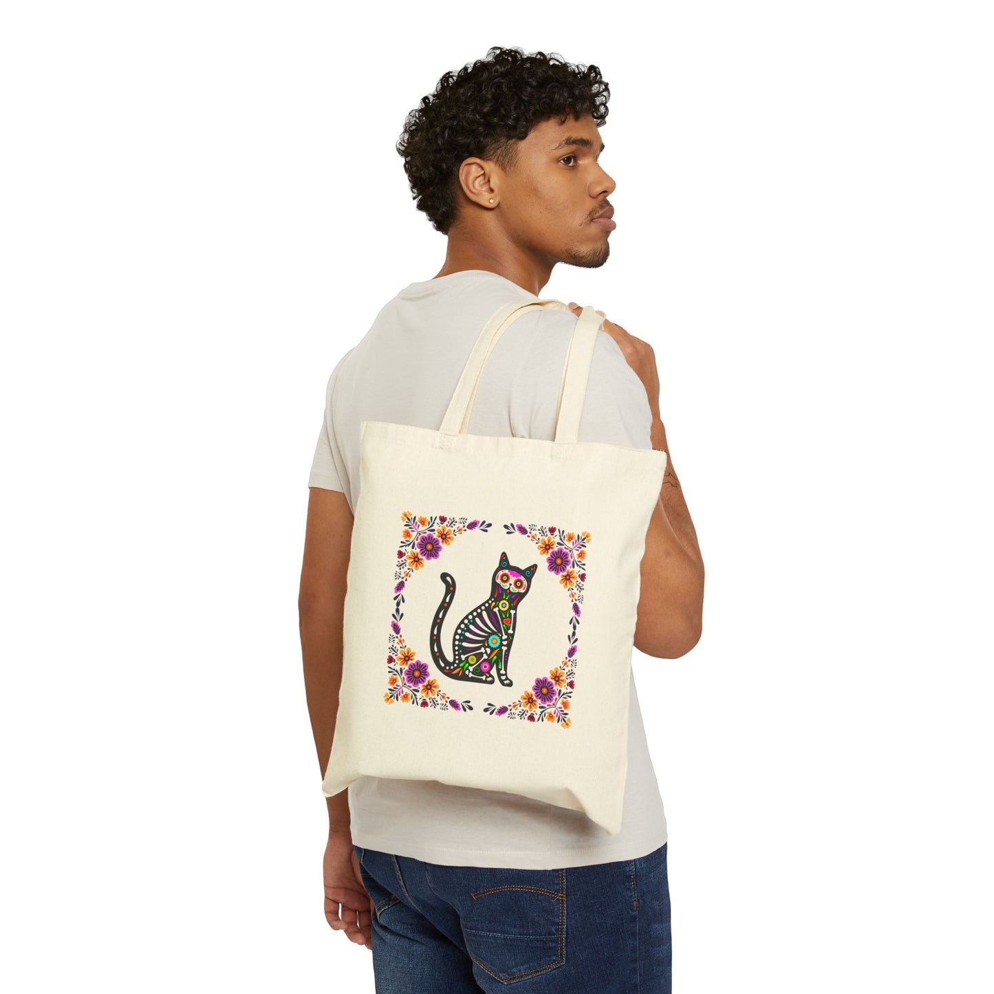"Sugar Skull Perro Y Gato" , Dia De Los Muertos Canvas Cotton Canvas Tote Bag