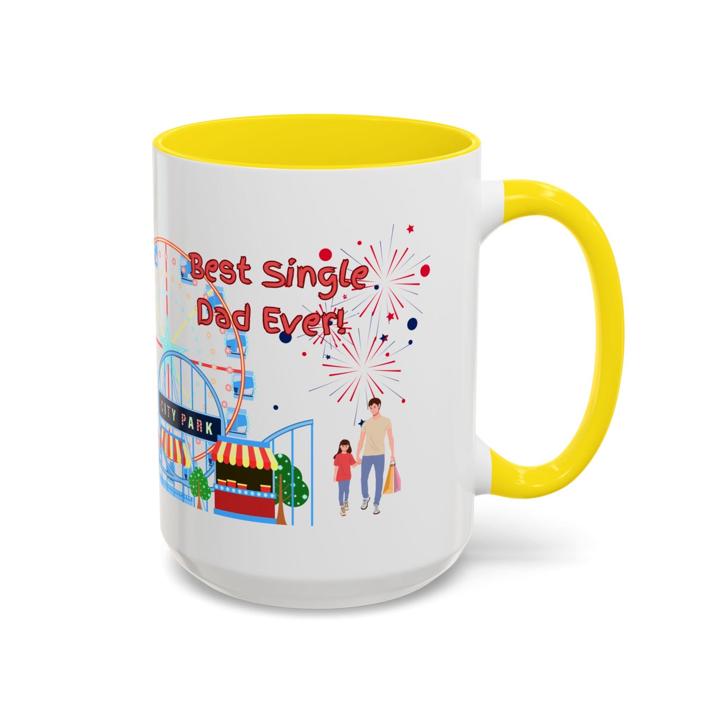 "Best Single Dad Ever" White Ceramic Coffee Mug With Colorful Accents — Amusement Park Family Design in 11oz and 15oz sizes
