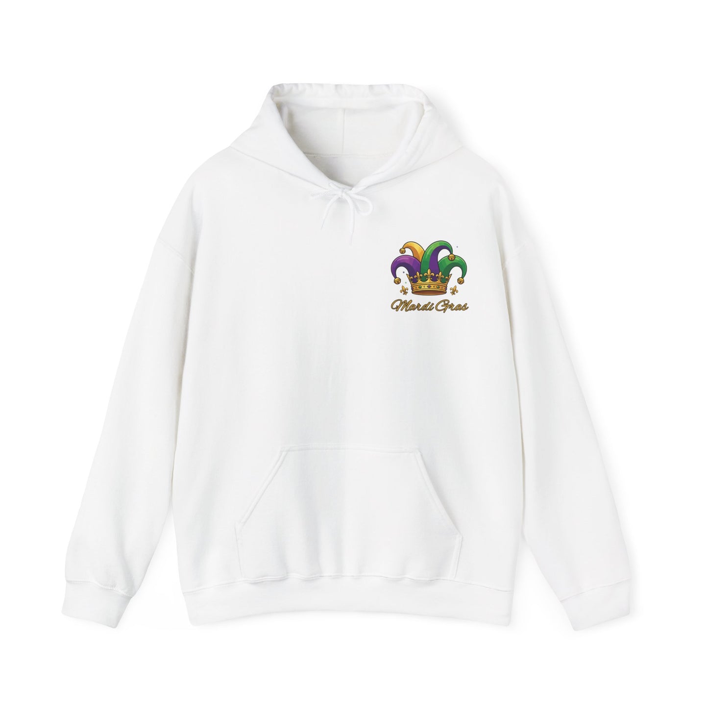 "Mardi Gras Jester Crown" Unisex Pullover Hoodie.  Festive Colorful Front Chest & Bold Back Designs Make This THE Hoodie Of Carnival Season!